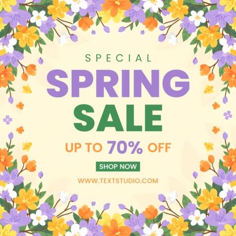 Póster de promoción de primavera con flores decorativas, botón verde y tipografía festiva.