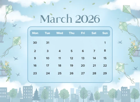 Şehir manzarası, ağaçlar ve festivallere uygun tema ile bahar dekoratif mart 2026 takvim posteri