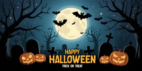 Notte di Halloween spettrale, alberi contorti, lapidi e template di copertura per Facebook con saluti di dolcetto o scherzetto.