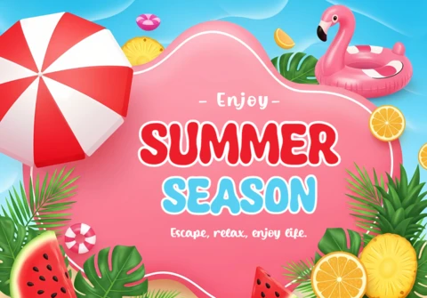 Tropical Summer Season Greeting Card Template with Beach and Fruit Elements