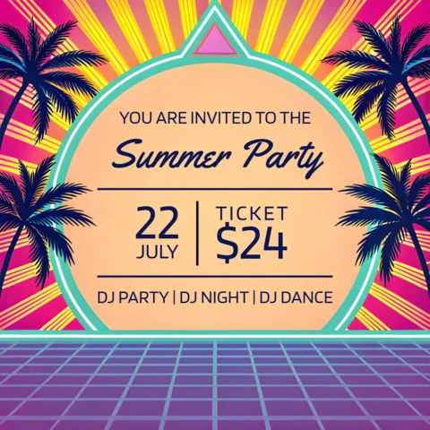Modèle d'invitation à une fête d'été vibrante - design esthétique synthwave pour événements DJ