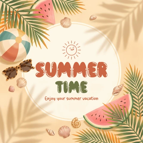 Summer Time Design Template for Vacation Themed Greeting Card with Watermelon and Tropical Elements