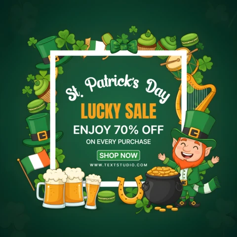 St. Patrick’s Day Sale Flyer Design Template with Shamrocks, Beer Mug, and Festive Discount Promotion