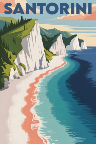 White Cliffs and Pink Sand Beach with Turquoise Waters Santorini Travel Posters Design Template