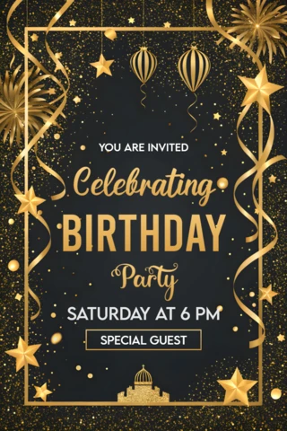 Elegant Gold and Black Birthday Party Invitation Template Design