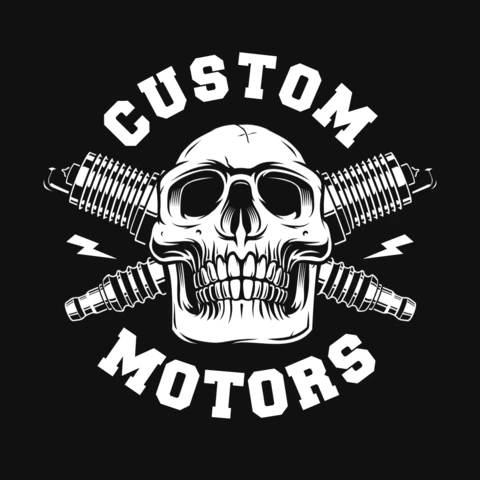 Modelo de design de camiseta com caveira de motocicleta e velas de ignição