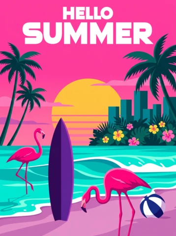 Hello Summer Tropical Beach Poster with Flamingos, Pink Purple Sunset Sky, Palm Trees, Surfboard and Cheerful Vacation Atmosphere
