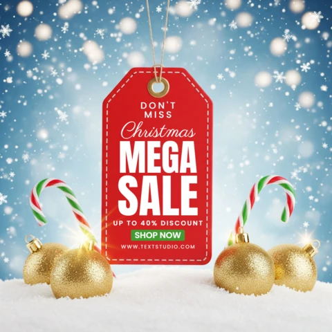 Vakantiepromotie flyer feestelijk kersttemplate met gouden versieringen, zuurstokken en winkel nu oproep.