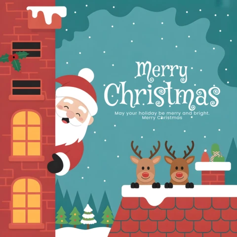 Tarjeta de Navidad con Santa asomándose por la chimenea y renos en un tejado nevado bajo un cielo estrellado, plantilla de diseño.