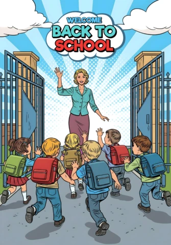 Welcome Back to School Children Running Through School Gates with Teacher Greeting Poster Design Template