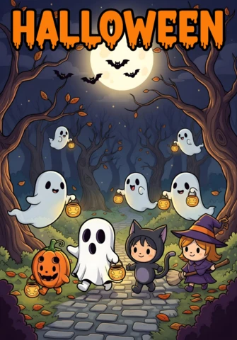 Halloween Kids Illustration Cobblestone Path with Classic Costumes, Floating Ghosts & Glowing Pumpkins Design Template for Festive Flyers