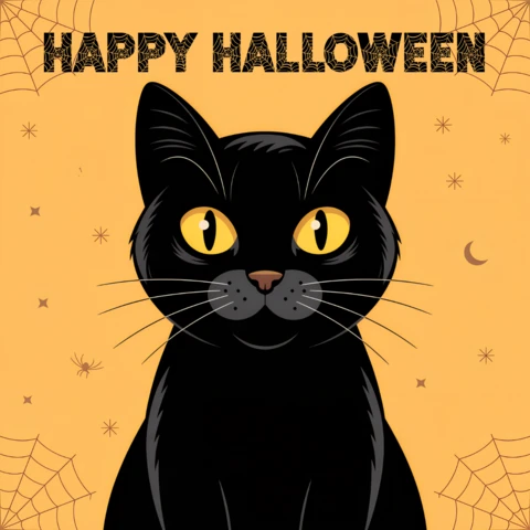 Halloween zwarte kat ontwerp voor wenskaarten en merchandising sjabloon