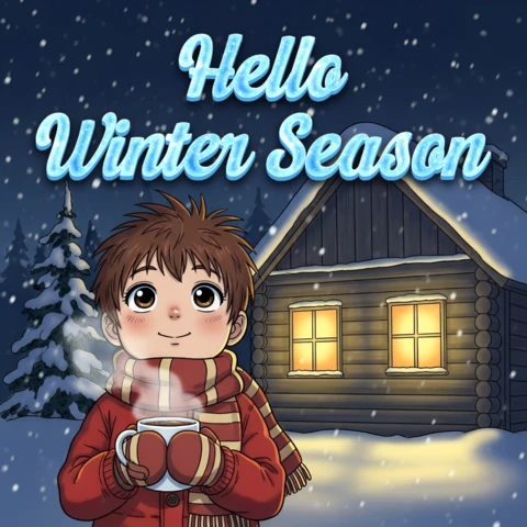 Plantilla de diseño de temporada de invierno con un niño acogedor con bebida caliente para tarjeta de felicitación.