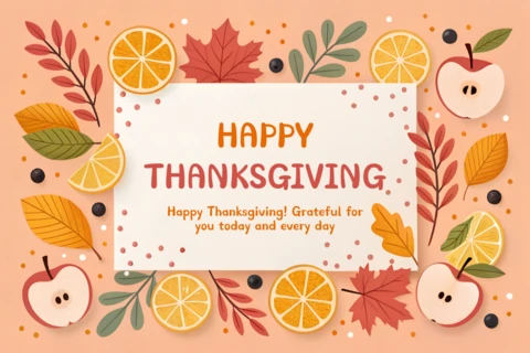 Thanksgiving Floral Design Template for Greeting Cards with Autumn Leaves and Fruits
