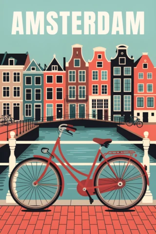 Typical Amsterdam Bicycle Design Template for Retro Flat Travel Posters