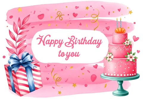 Birthday Celebration Template with Cake and Gift Design for Greeting Cards