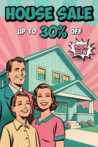 Retro-Hausverkaufsflyer-Vorlage mit Familienillustration für Immobilienwerbung