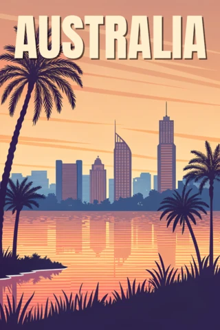 Modelo de design retrô da Austrália para pôsteres de viagem com palmeiras e horizonte da cidade