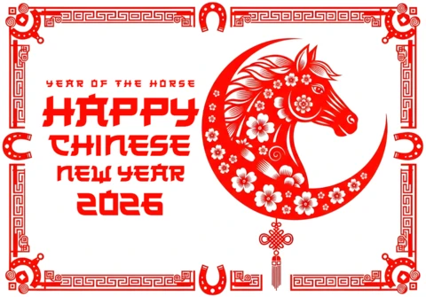 Sjabloon voor een feestelijke groetkaart met een Chinees nieuwjaar paard ontwerp