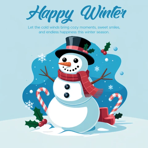 Plantilla de diseño de muñeco de nieve en un país de las maravillas invernal para tarjetas de felicitación navideñas.