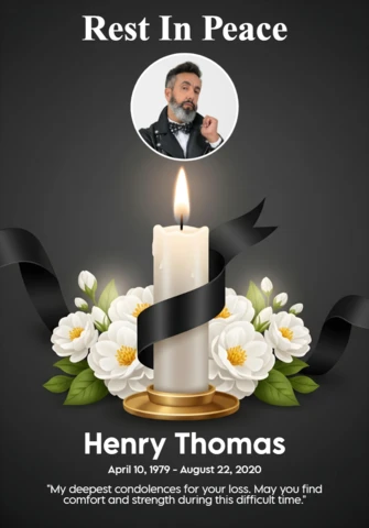 Funeral Keepsake Memorial Poster with Candle, White Flowers and Condolence Text Rest in Peace Design Template