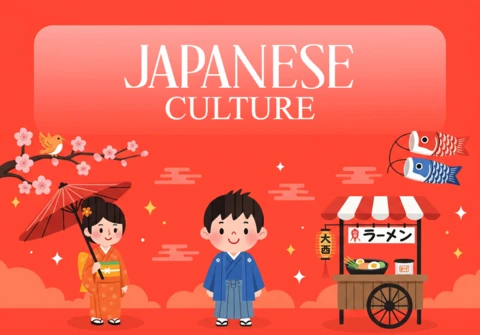 Cartaz da cultura japonesa com personagens em quimono tradicional, carrinho de ramen e flores de cerejeira sobre fundo vermelho.