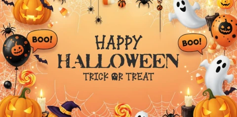 Szczęśliwego Halloween świecące dynie, balony "boo" i urok czapki czarownicy szablon okładki YouTube