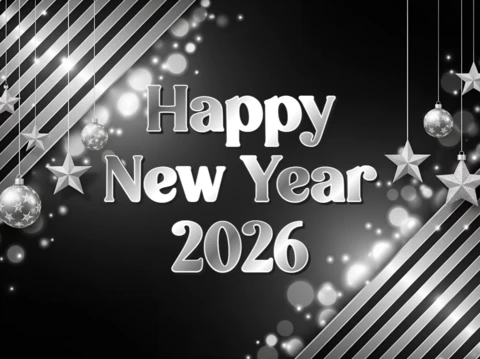 Elegant New Year 2026 Greeting Card Design Template with Silver Stars and Stripes