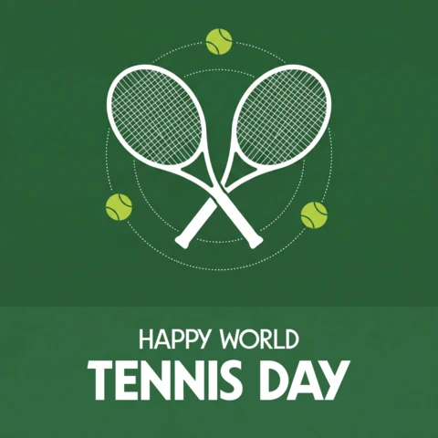 World Tennis Day Decorative Poster with Green Background and Sports Theme