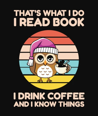 Lustige eule liest bücher und trinkt kaffee t-shirt vorlage
