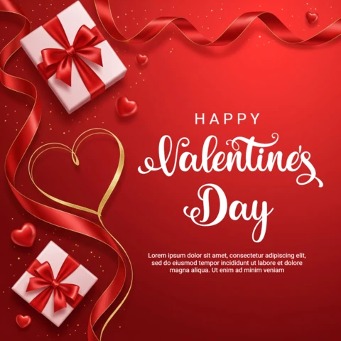 Valentijns wenskaart elegante rode thema met vloeiende linten en feestelijke hartdecoratie