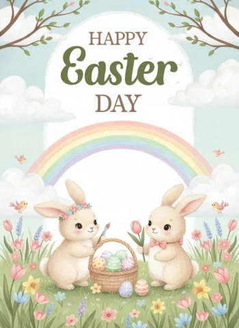 Rainbow Easter Day Poster with Bunnies, Eggs & Spring Flowers – Happy Easter Celebration