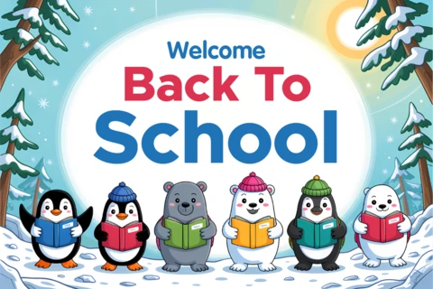 Template de design de volta às aulas com animais de cartoon fofos para cartazes infantis