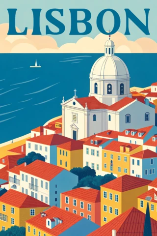 Lisbon Cityscape with National Pantheon for Retro Flat Travel Posters Print Template