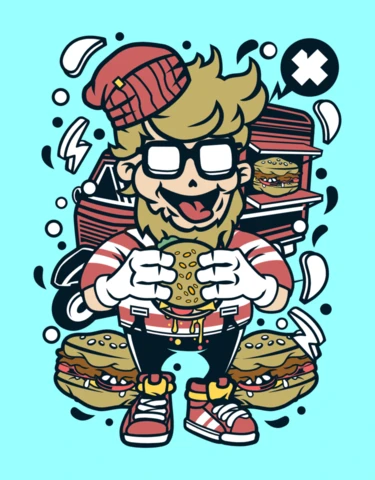 Plantilla de diseño de póster de personaje de dibujos animados de hamburguesa hipster