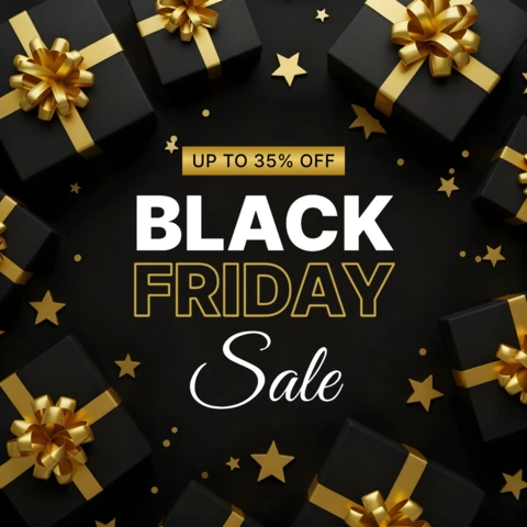 Black Friday Sale Design Template with Gift Boxes and Gold Accents for Promotional Flyers