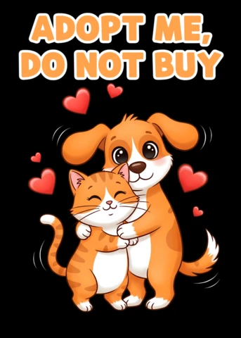 Plantilla de diseño de cartoon "Adopta, no compres" para camiseta de adopción de mascotas.