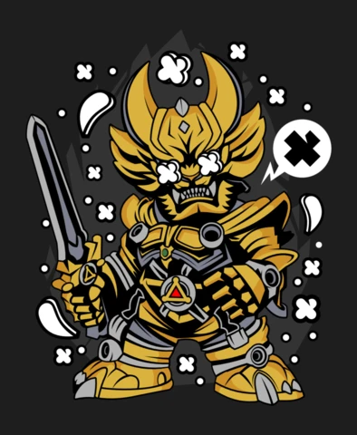 Plantilla de diseño de póster de personaje de dibujos animados de caballero dorado garo