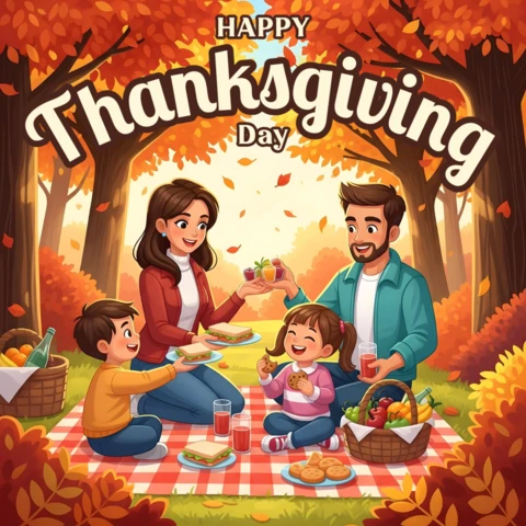 Outdoor Celebration with Kids, Sandwiches & Fall Foliage Thanksgiving Greeting Card Banner Design Template