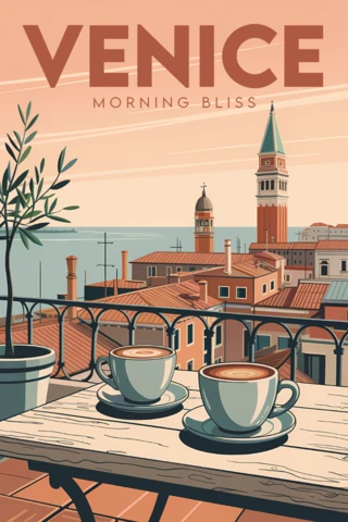 Romantic Venice Breakfast Illustration for Retro Flat Travel Posters