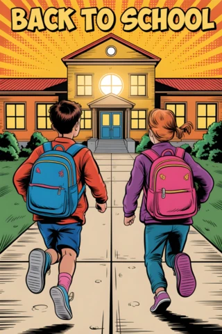 Volta às aulas alunos caminhando em direção ao prédio escolar amarelo com céu radiante e mochilas, modelo de cartaz.