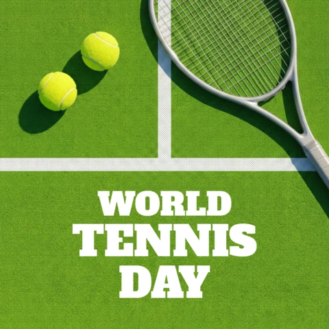 World Tennis Day Poster with Tennis Racket and Balls On Green Court