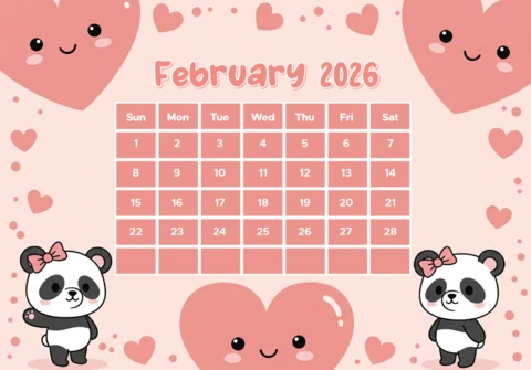 February 2026 Calendar Cute Panda Valentine Theme with Pink Hearts & Playful Charm