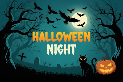Spooky Halloween Night Design Template for Posters Featuring Cats and Pumpkins