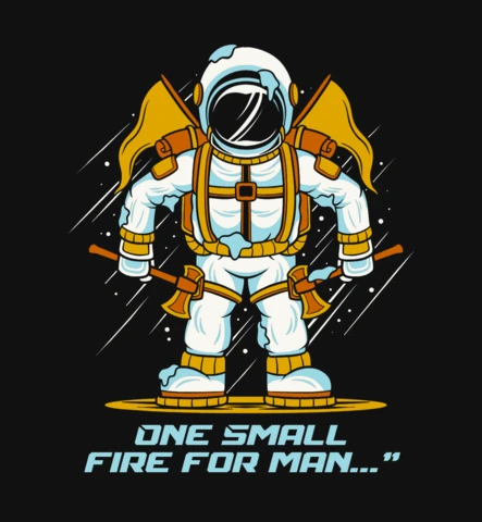 Um pequeno fogo para o homem astronauta com machados, asas de anjo e design de camiseta de determinação cósmica.