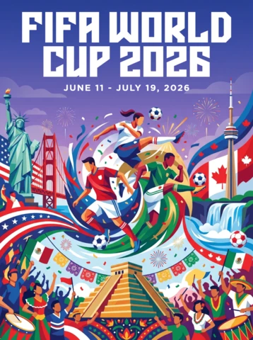 FIFA World Cup 2026 Official Poster Highlighting USA Canada Mexico Landmarks Soccer Players Flags Fireworks and Global Unity