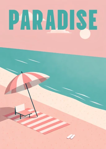 Pink Paradise Beach with Retro Flat Design Template for Summer Poster
