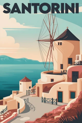 Cliffside Windmill with White Buildings and Sea View Santorini Travel Posters Design Template