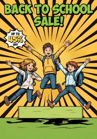 Jumping School Kids Comic Style Back to School Sale Art with Yellow Burst & Discount Design Template for Promotional Flyers