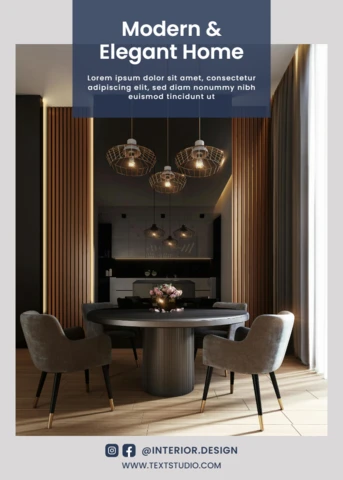 Plantilla de diseño de interiores de hogar moderno y elegante para folleto con estilo.
